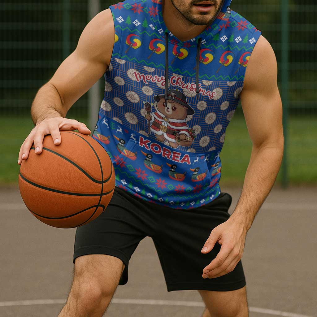 Korea Christmas Sleeveless Hoodie with Bear in Hanbok National Emblem and Traditional Boat Pattern Design - Wonder Print Shop