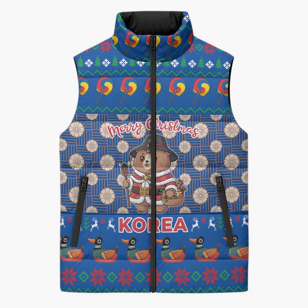 Korea Christmas Sleeveless Puffer Jacket with Bear in Hanbok National Emblem and Traditional Boat Pattern Design - Wonder Print Shop