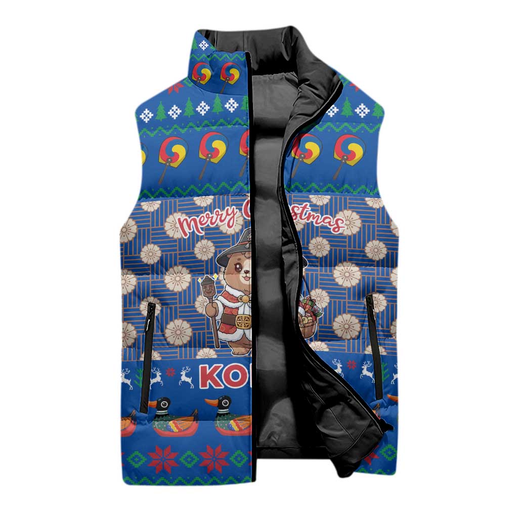 Korea Christmas Sleeveless Puffer Jacket with Bear in Hanbok National Emblem and Traditional Boat Pattern Design - Wonder Print Shop
