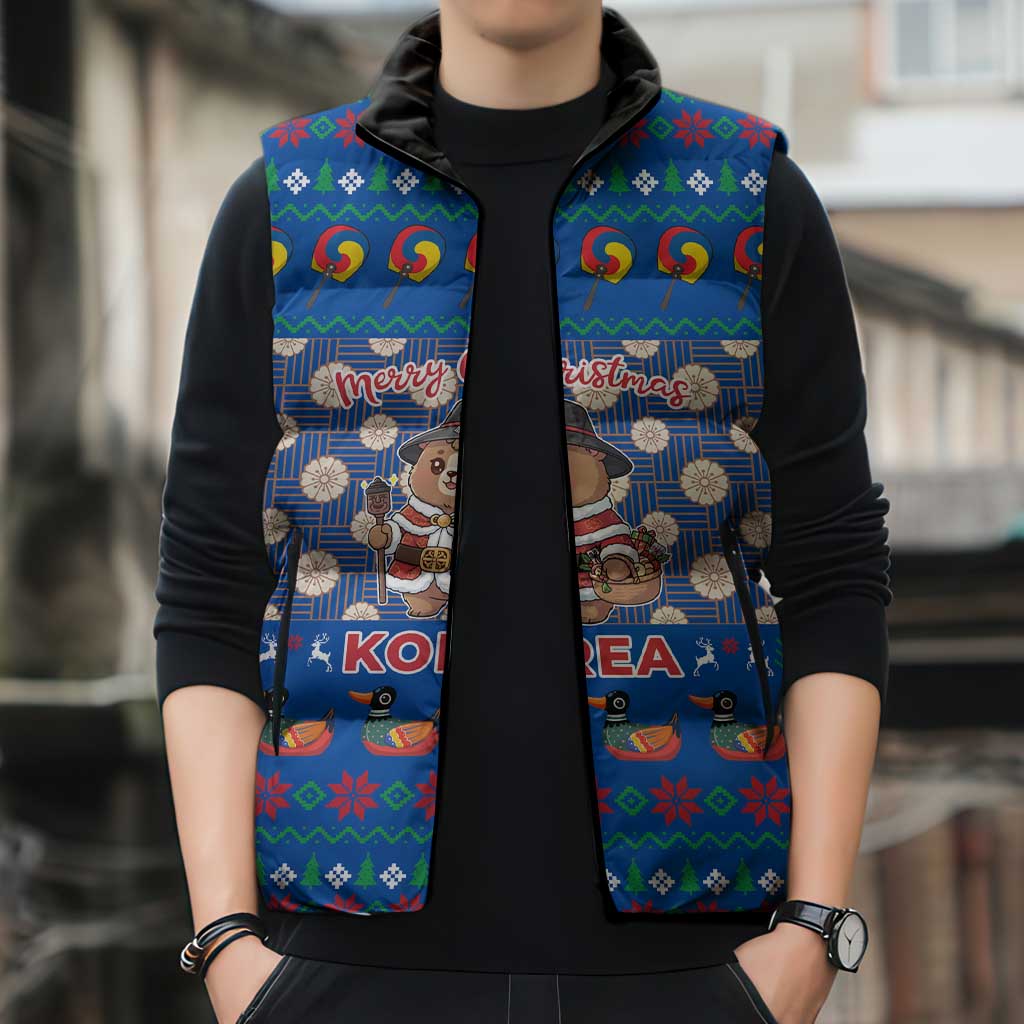 Korea Christmas Sleeveless Puffer Jacket with Bear in Hanbok National Emblem and Traditional Boat Pattern Design - Wonder Print Shop