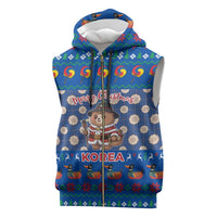 Korea Christmas Sleeveless Zip Hoodie with Bear in Hanbok National Emblem and Traditional Boat Pattern Design - Wonder Print Shop
