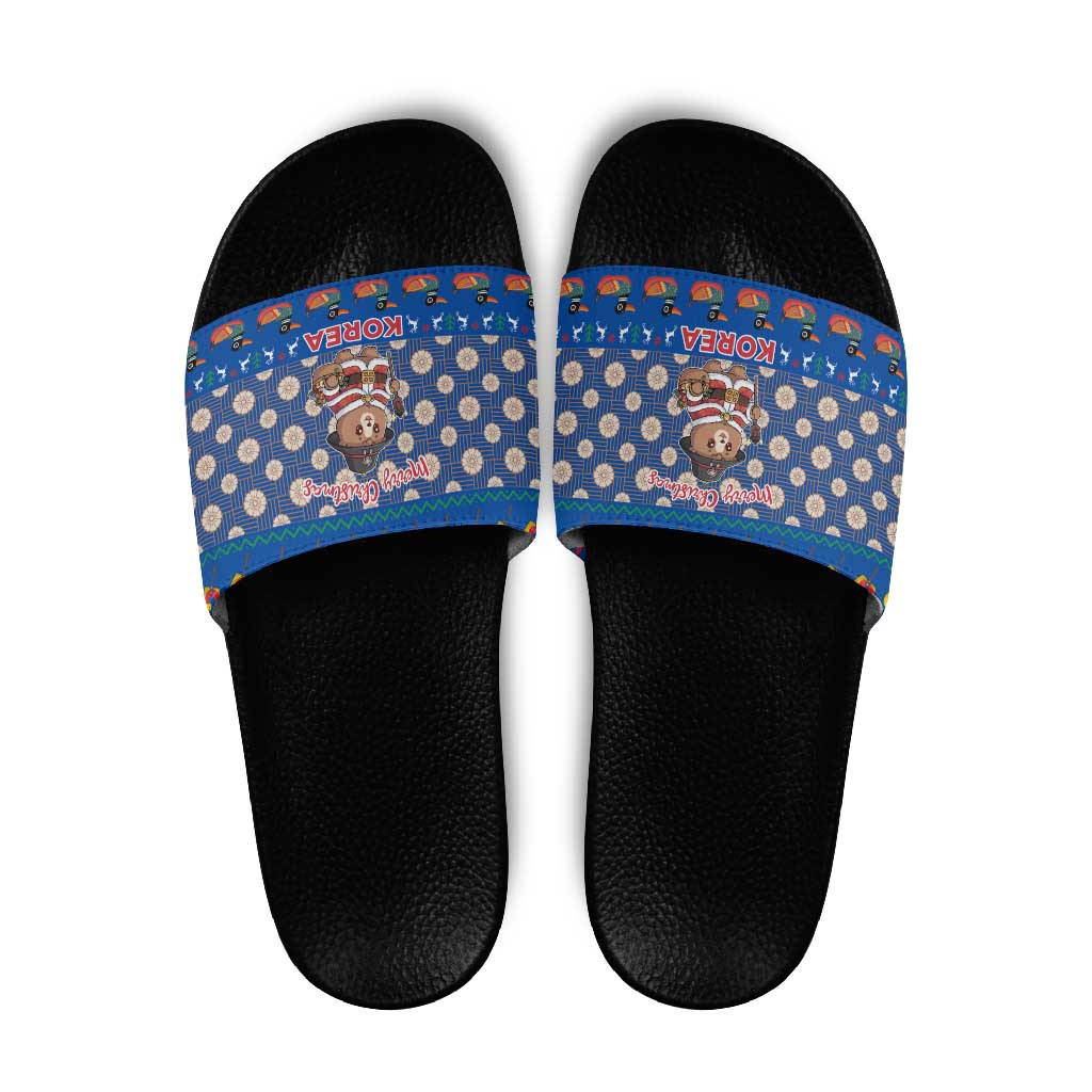 Korea Christmas Slide Sandals with Bear in Hanbok National Emblem and Traditional Boat Pattern Design - Wonder Print Shop