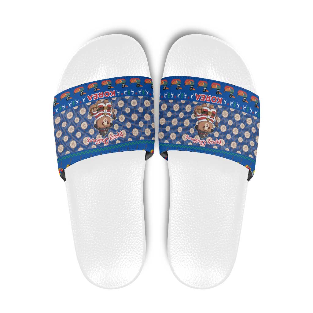 Korea Christmas Slide Sandals with Bear in Hanbok National Emblem and Traditional Boat Pattern Design - Wonder Print Shop