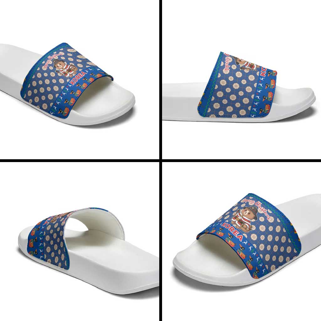 Korea Christmas Slide Sandals with Bear in Hanbok National Emblem and Traditional Boat Pattern Design - Wonder Print Shop