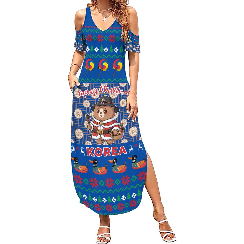 Korea Christmas Summer Maxi Dress with Bear in Hanbok National Emblem and Traditional Boat Pattern Design - Wonder Print Shop