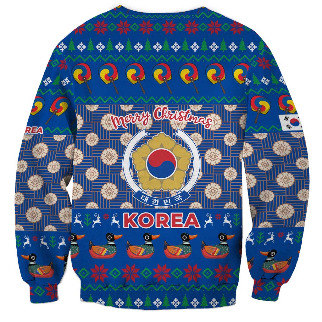 Korea Christmas Sweatshirt with Bear in Hanbok National Emblem and Traditional Boat Pattern Design - Wonder Print Shop