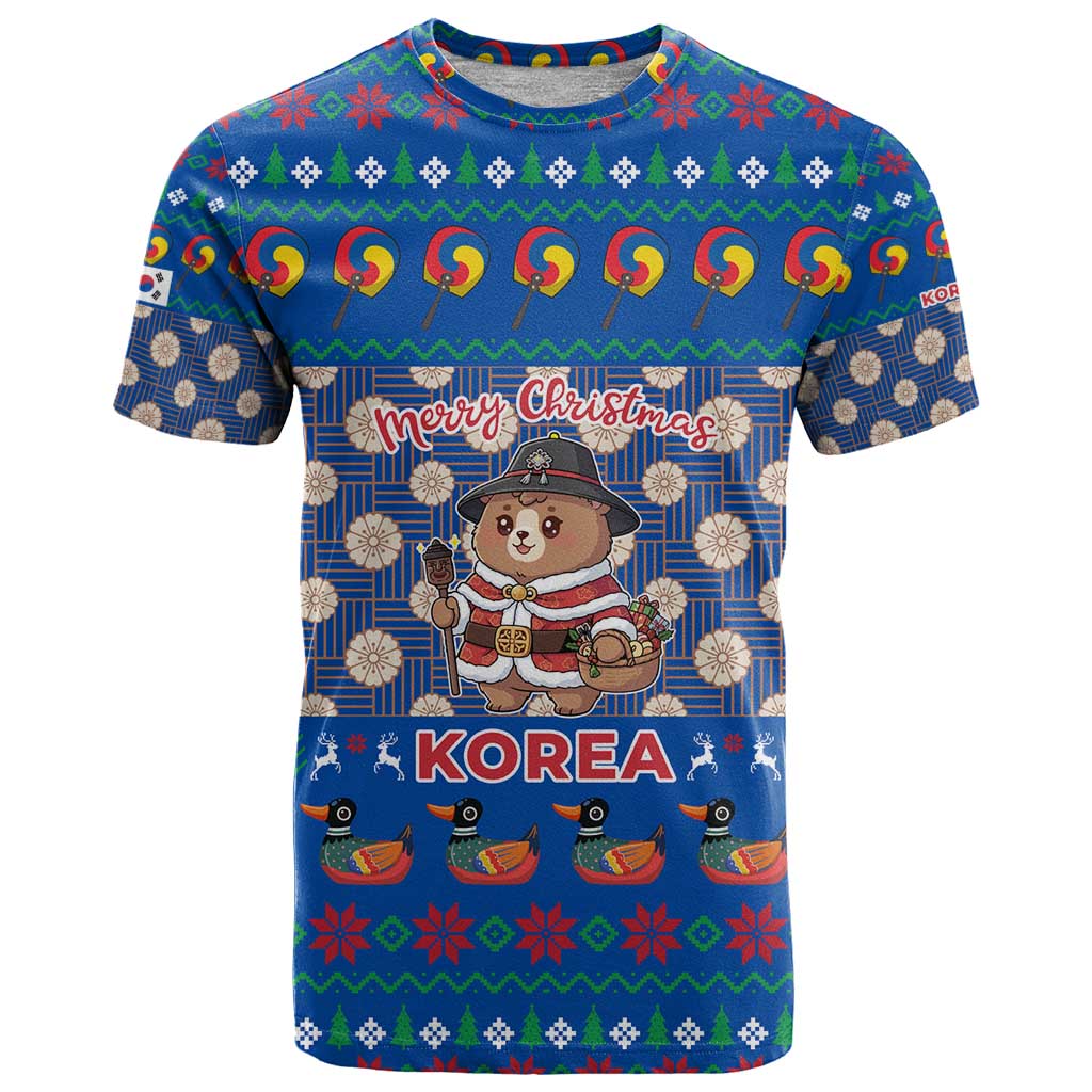 Korea Christmas T Shirt with Bear in Hanbok National Emblem and Traditional Boat Pattern Design - Wonder Print Shop