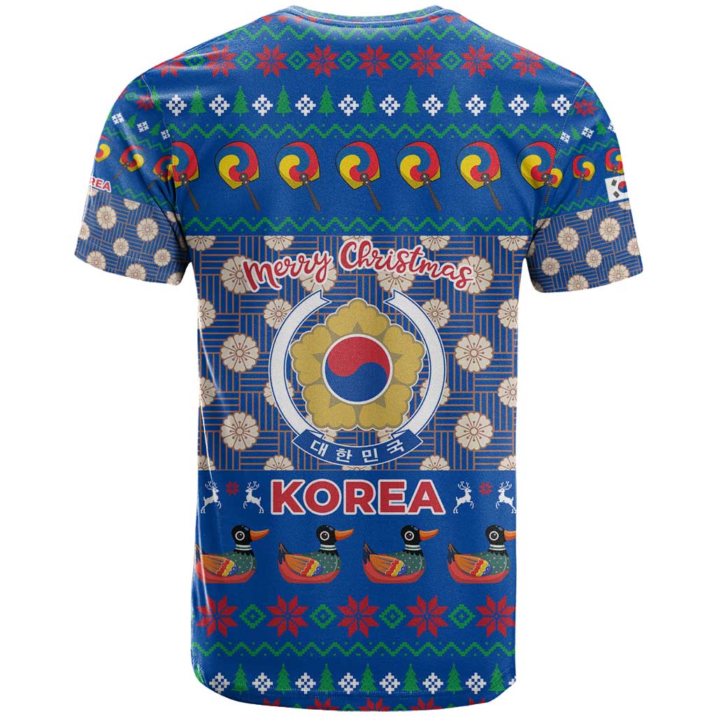 Korea Christmas T Shirt with Bear in Hanbok National Emblem and Traditional Boat Pattern Design - Wonder Print Shop