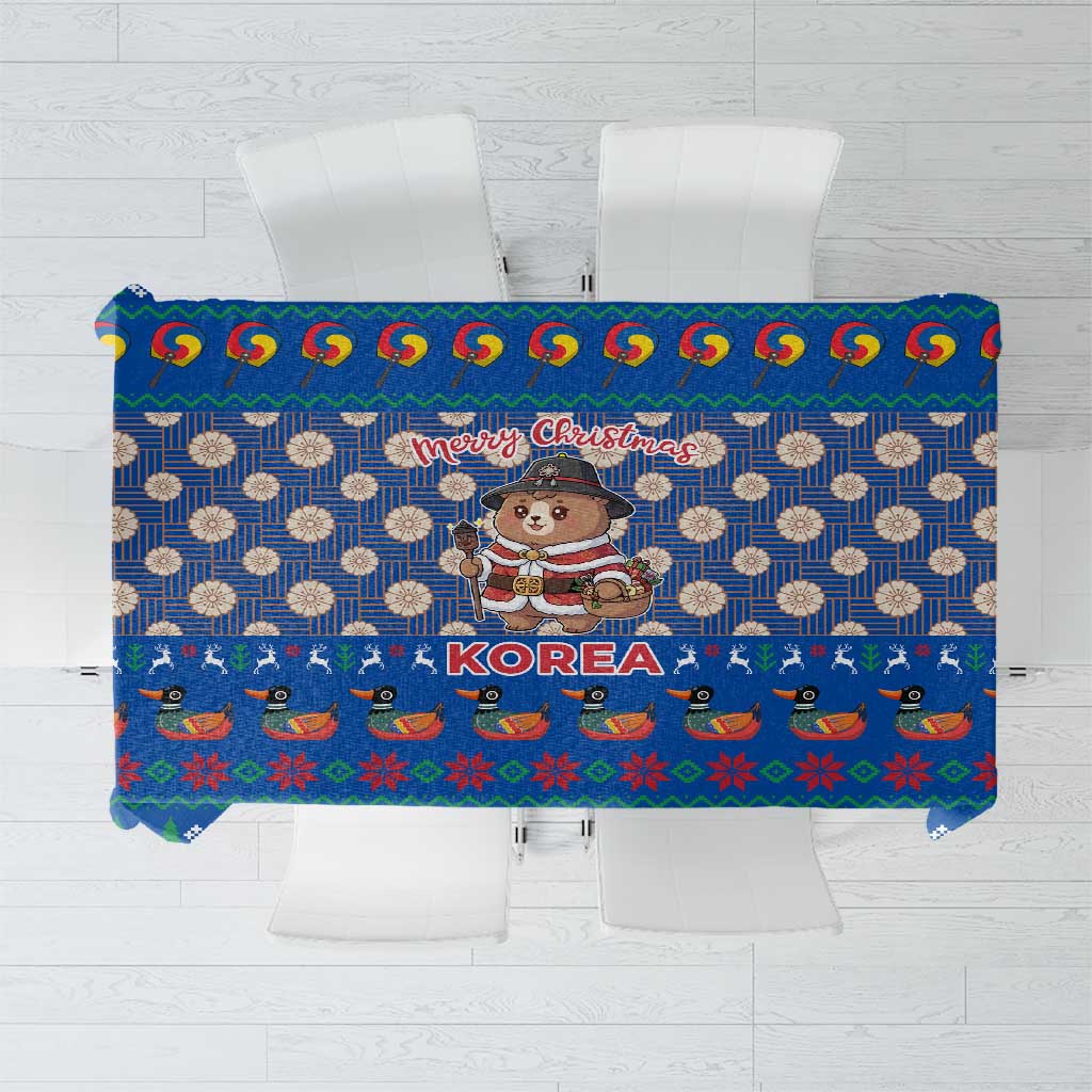 Korea Christmas Tablecloth with Bear in Hanbok National Emblem and Traditional Boat Pattern Design - Wonder Print Shop