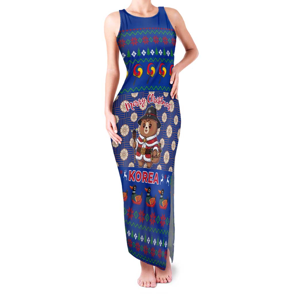 Korea Christmas Tank Maxi Dress with Bear in Hanbok National Emblem and Traditional Boat Pattern Design - Wonder Print Shop