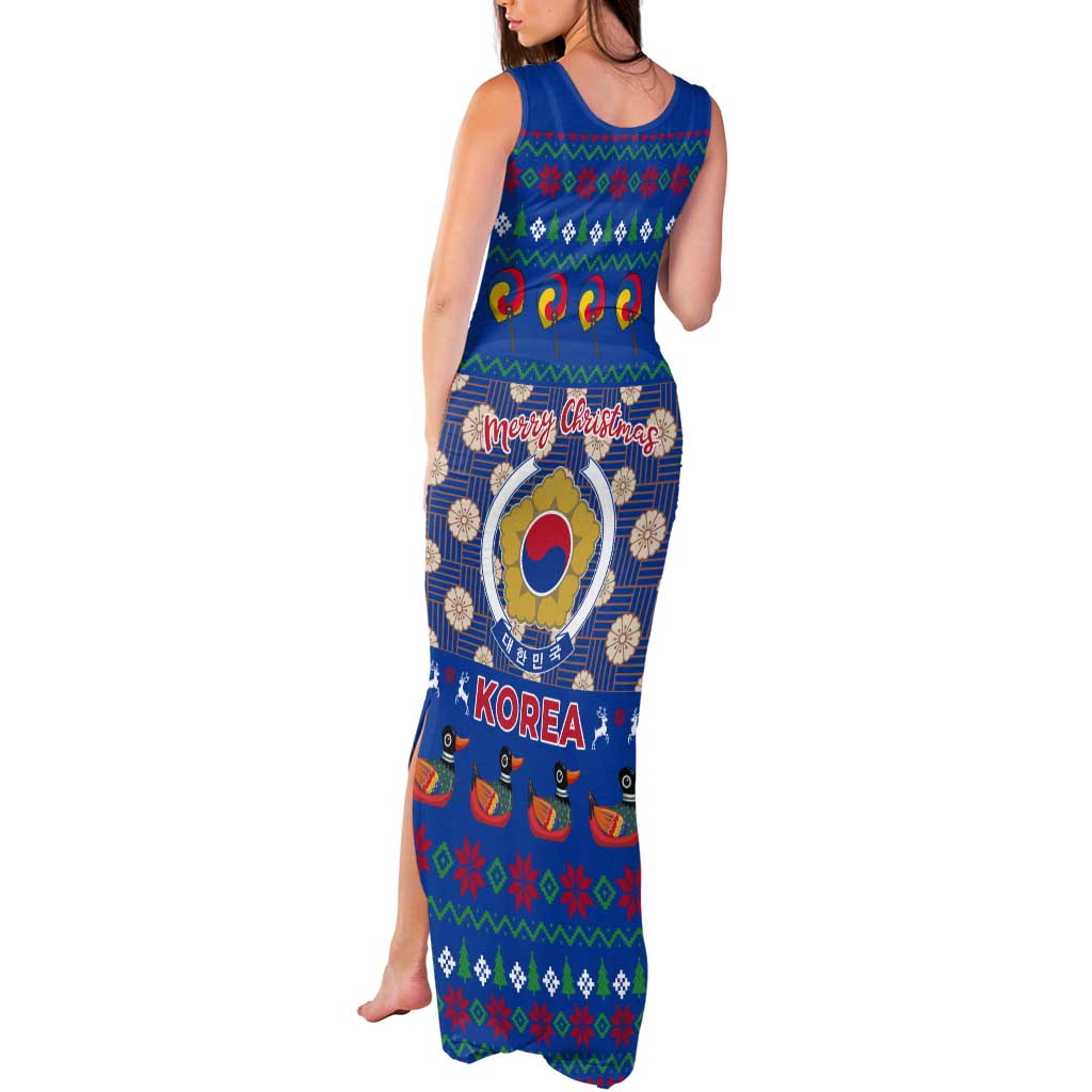 Korea Christmas Tank Maxi Dress with Bear in Hanbok National Emblem and Traditional Boat Pattern Design - Wonder Print Shop