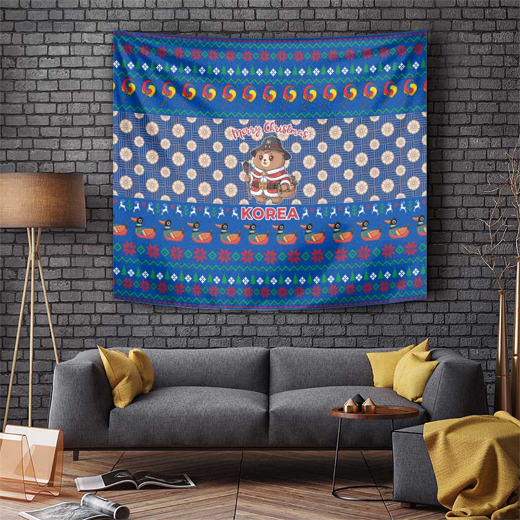 Korea Christmas Tapestry with Bear in Hanbok National Emblem and Traditional Boat Pattern Design - Wonder Print Shop