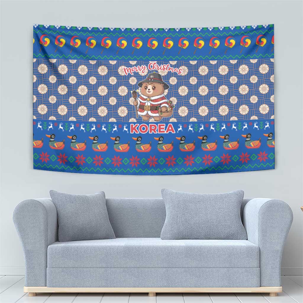 Korea Christmas Tapestry with Bear in Hanbok National Emblem and Traditional Boat Pattern Design - Wonder Print Shop