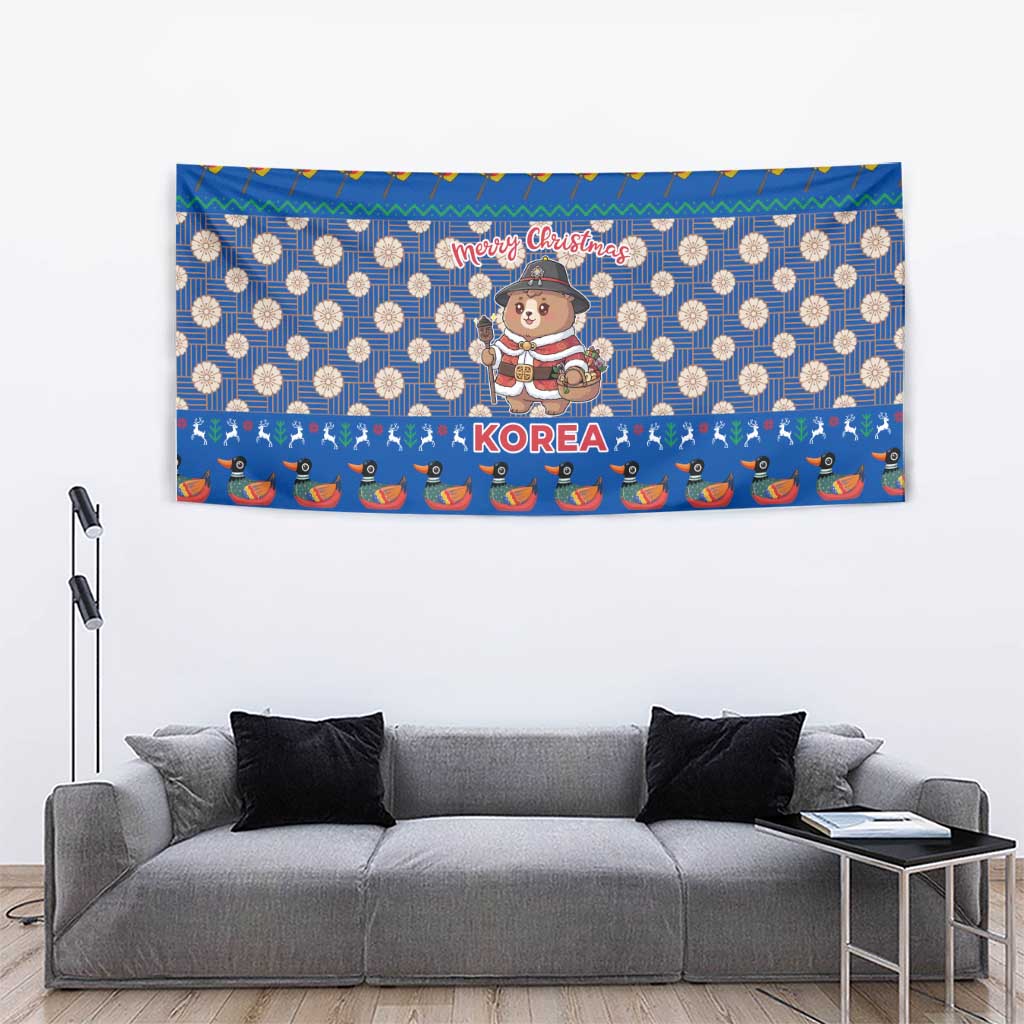 Korea Christmas Tapestry with Bear in Hanbok National Emblem and Traditional Boat Pattern Design - Wonder Print Shop