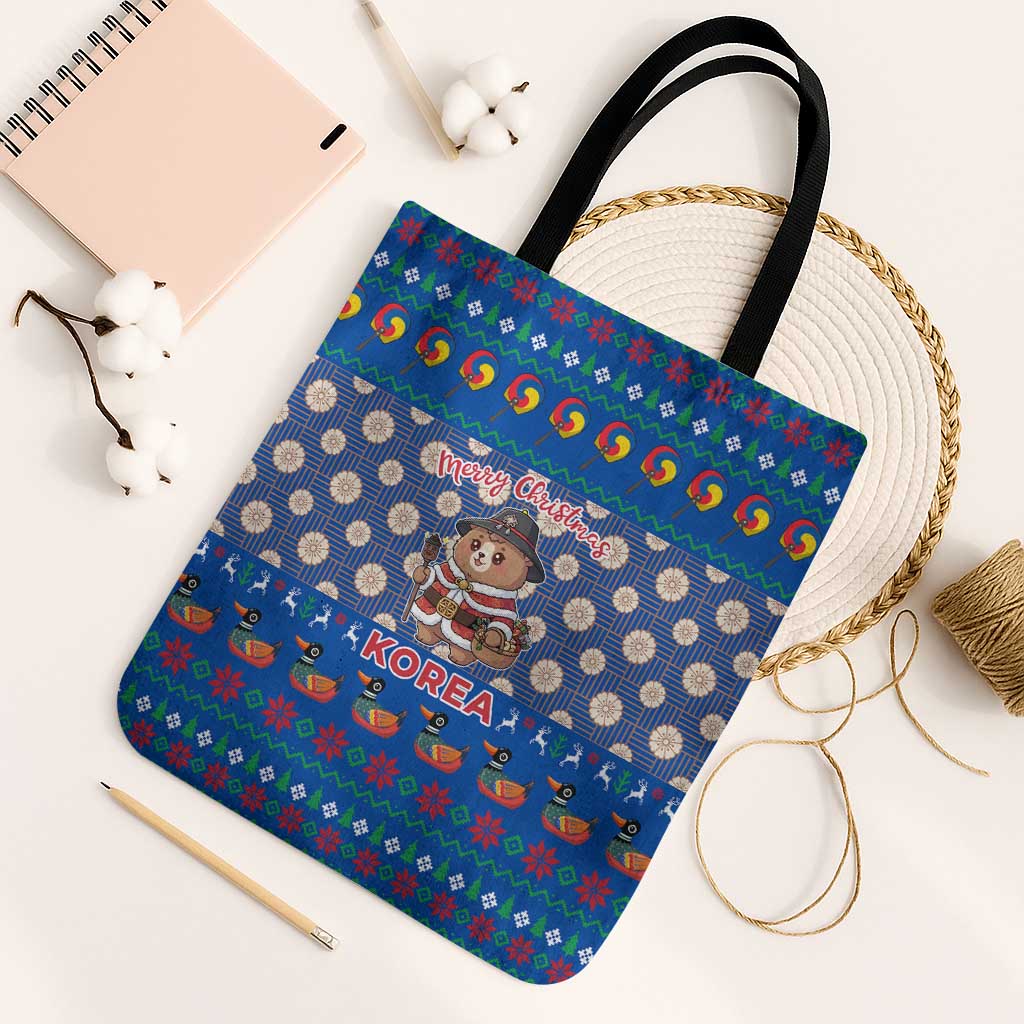 Korea Christmas Tote Bag with Bear in Hanbok National Emblem and Traditional Boat Pattern Design - Wonder Print Shop