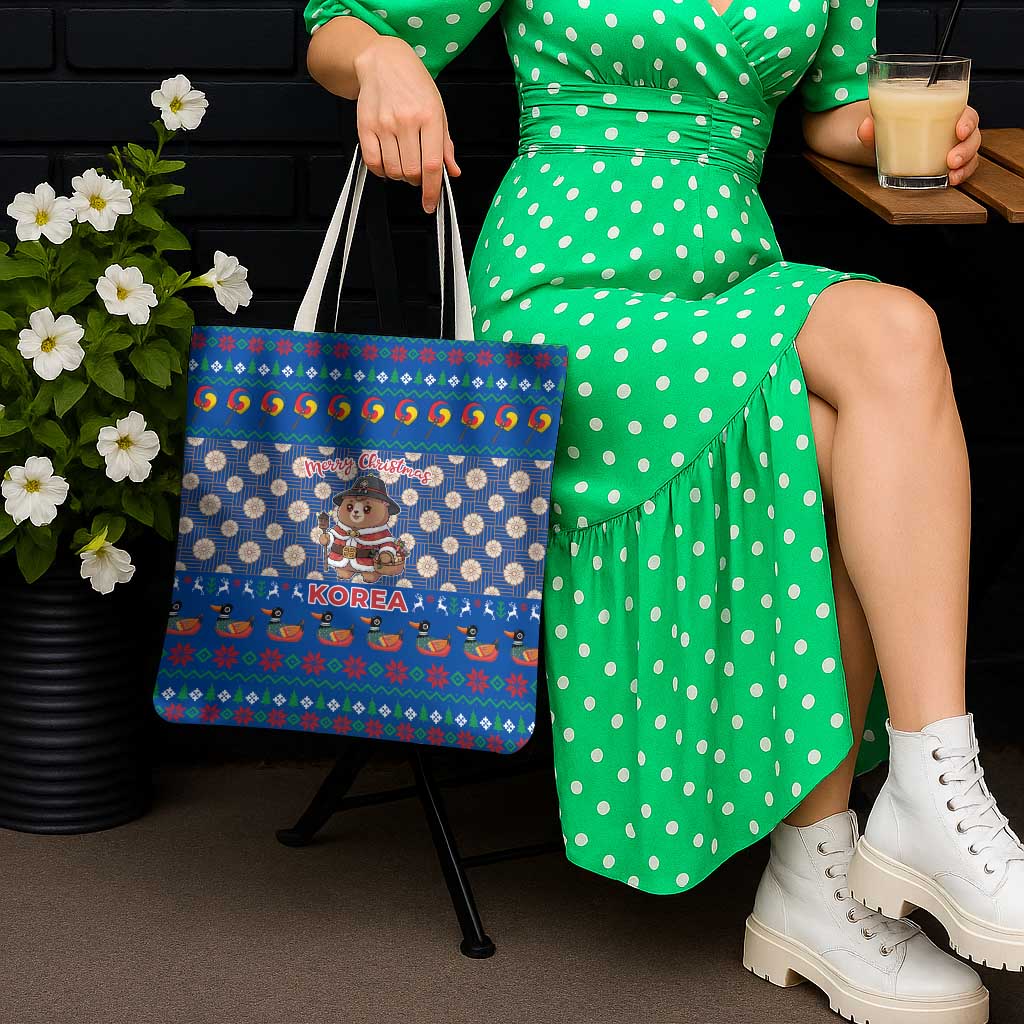 Korea Christmas Tote Bag with Bear in Hanbok National Emblem and Traditional Boat Pattern Design - Wonder Print Shop