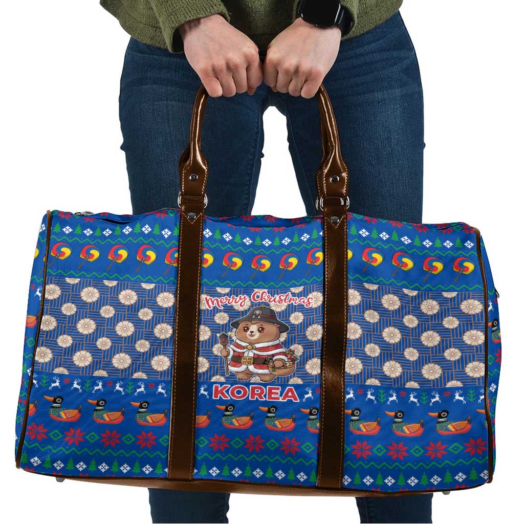 Korea Christmas Travel Bag with Bear in Hanbok National Emblem and Traditional Boat Pattern Design - Wonder Print Shop