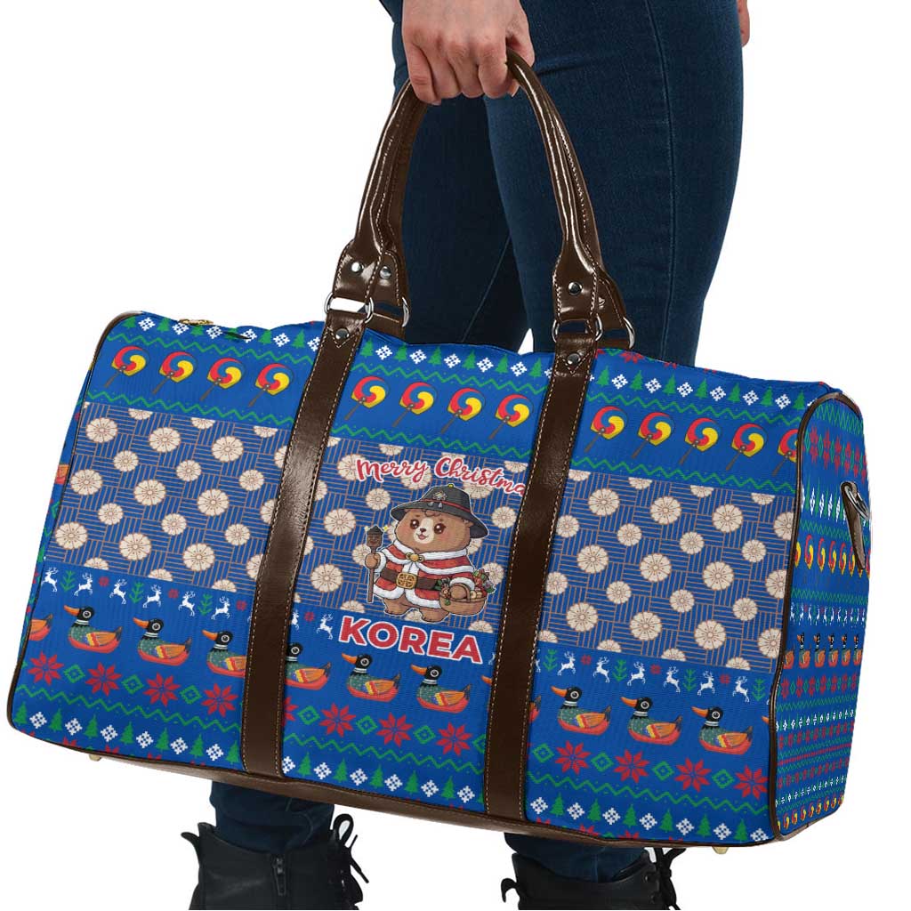 Korea Christmas Travel Bag with Bear in Hanbok National Emblem and Traditional Boat Pattern Design - Wonder Print Shop