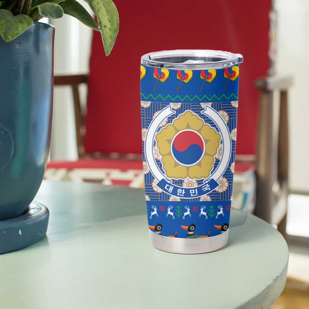 Korea Christmas Tumbler Cup with Bear in Hanbok National Emblem and Traditional Boat Pattern Design - Wonder Print Shop