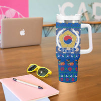 Korea Christmas Tumbler With Handle with Bear in Hanbok National Emblem and Traditional Boat Pattern Design - Wonder Print Shop