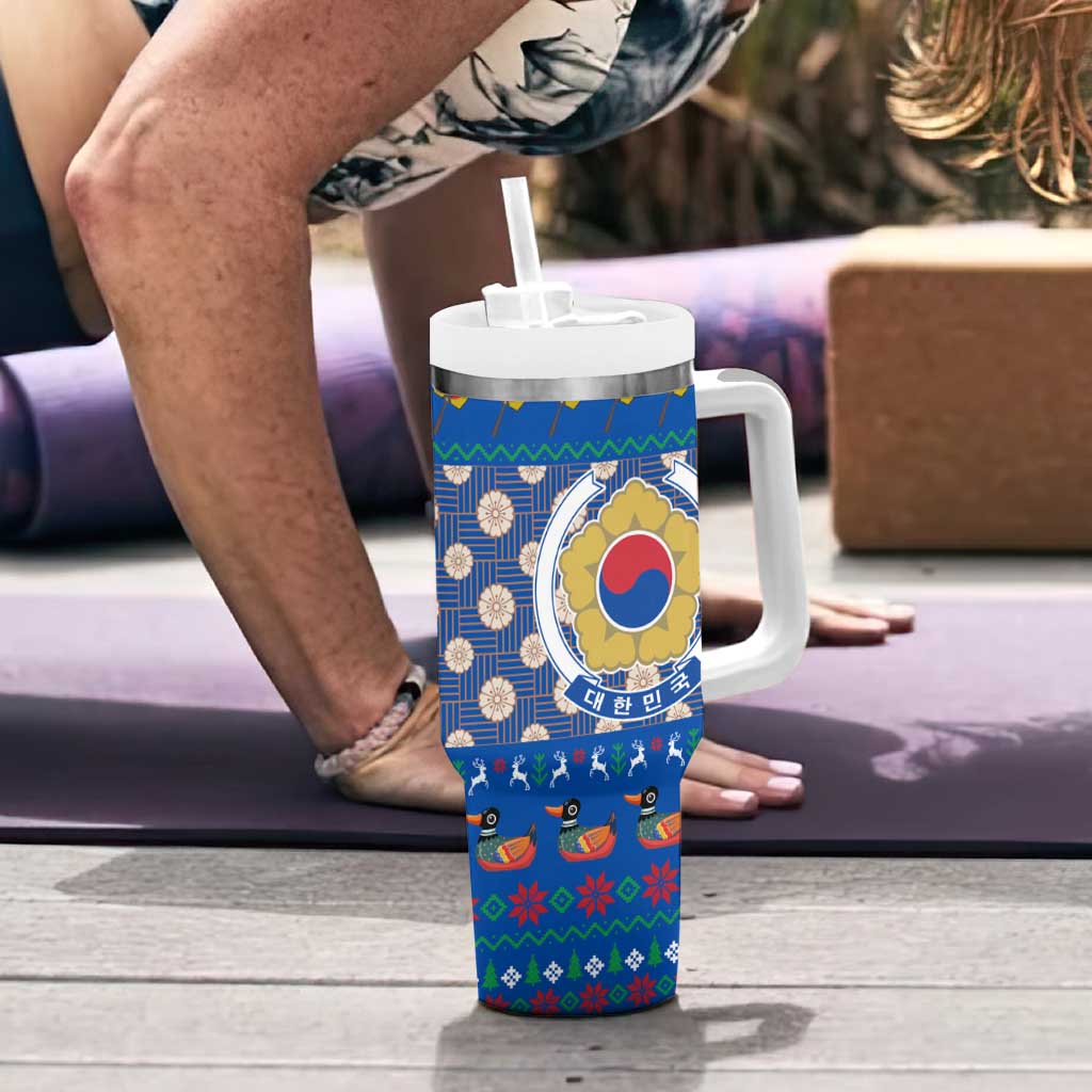 Korea Christmas Tumbler With Handle with Bear in Hanbok National Emblem and Traditional Boat Pattern Design - Wonder Print Shop