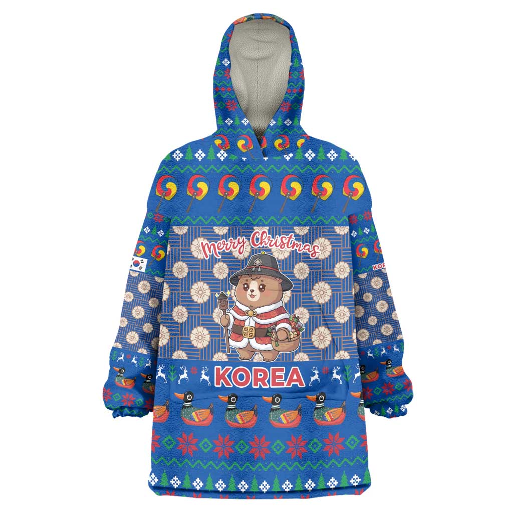 Korea Christmas Wearable Blanket Hoodie with Bear in Hanbok National Emblem and Traditional Boat Pattern Design - Wonder Print Shop