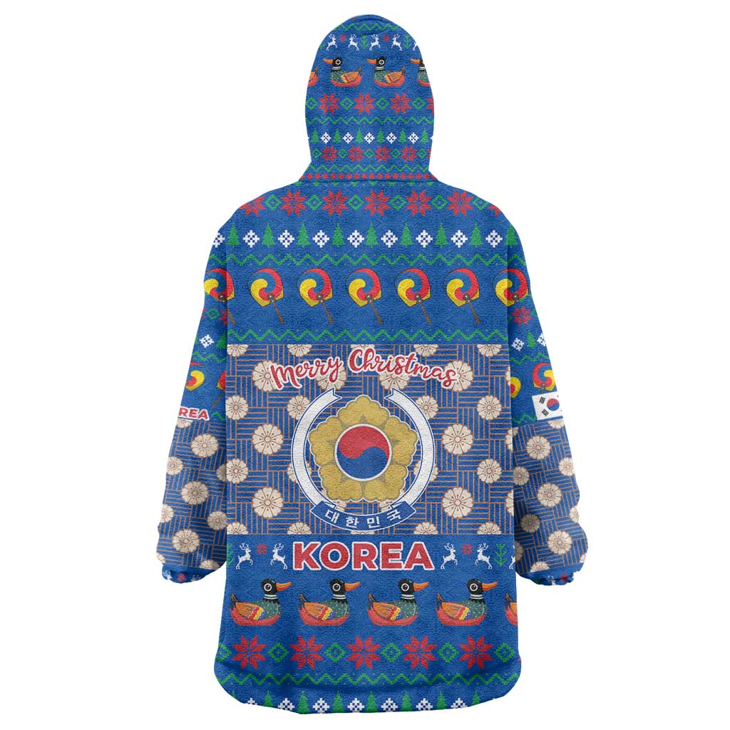 Korea Christmas Wearable Blanket Hoodie with Bear in Hanbok National Emblem and Traditional Boat Pattern Design - Wonder Print Shop