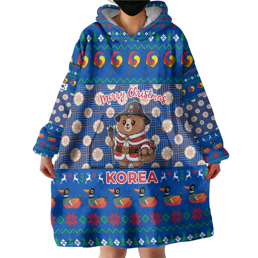 Korea Christmas Wearable Blanket Hoodie with Bear in Hanbok National Emblem and Traditional Boat Pattern Design - Wonder Print Shop