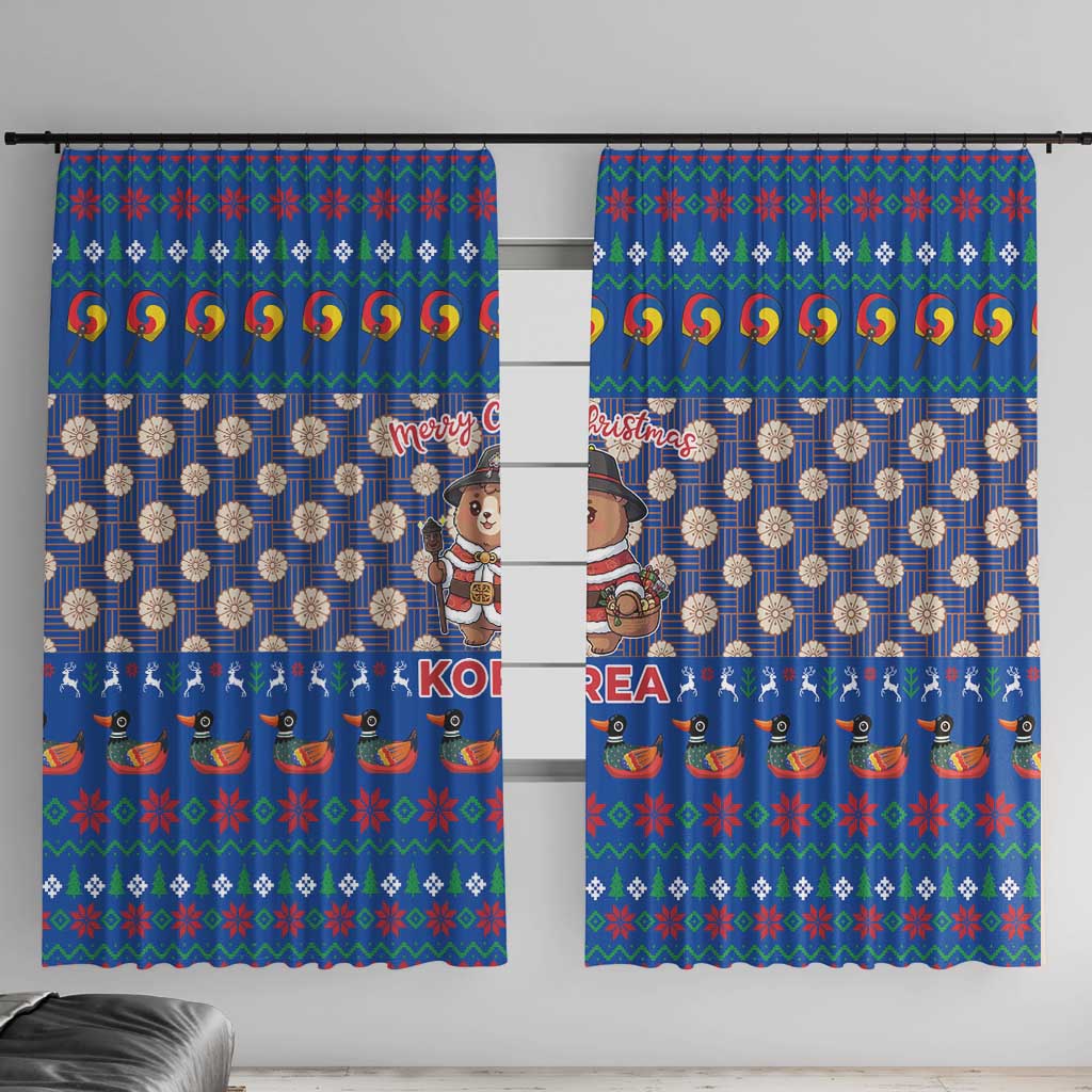 Korea Christmas Window Curtain with Bear in Hanbok National Emblem and Traditional Boat Pattern Design - Wonder Print Shop