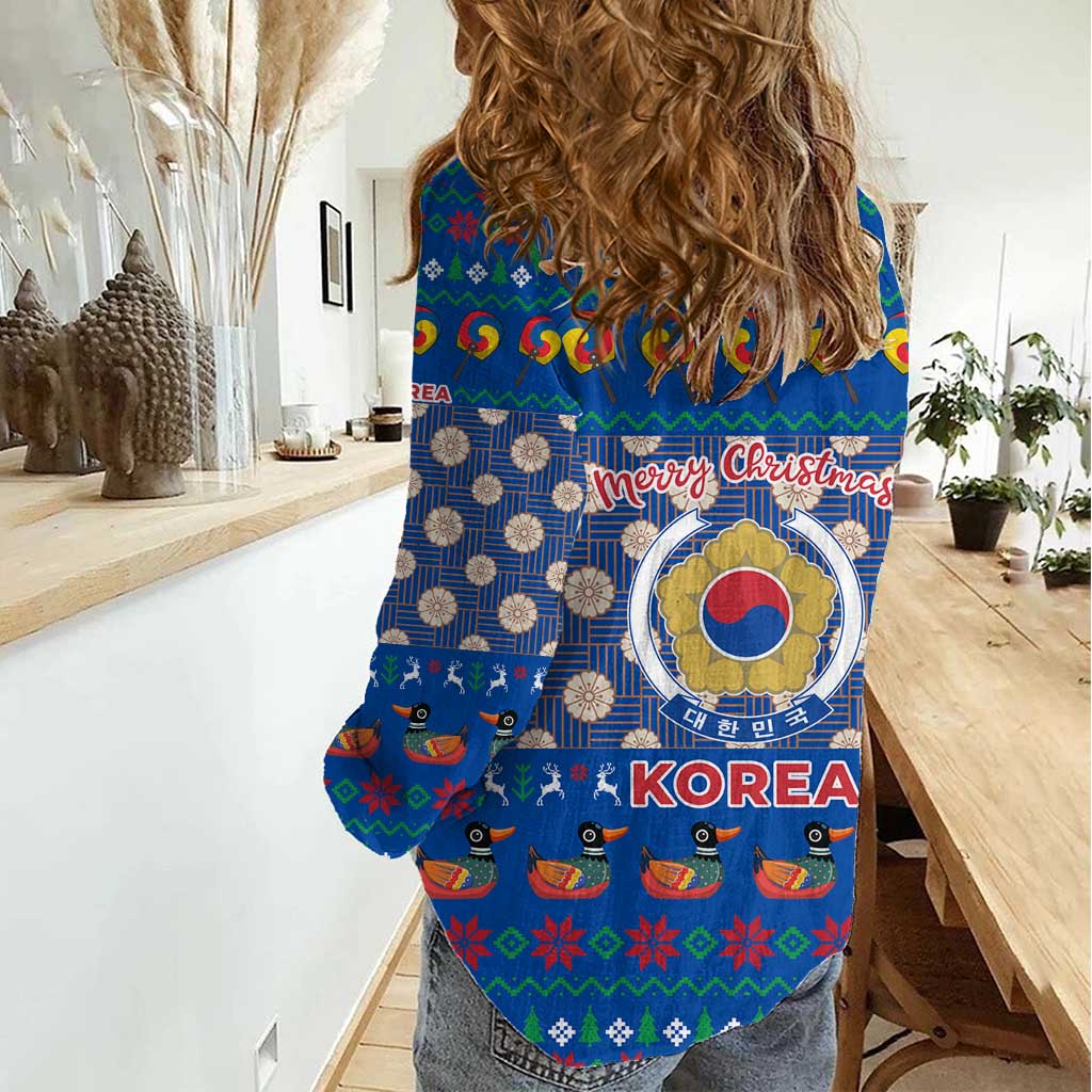 Korea Christmas Women Casual Shirt with Bear in Hanbok National Emblem and Traditional Boat Pattern Design - Wonder Print Shop