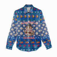 Korea Christmas Women Casual Shirt with Bear in Hanbok National Emblem and Traditional Boat Pattern Design - Wonder Print Shop
