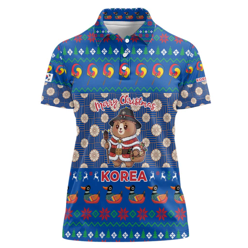 Korea Christmas Women Polo Shirt with Bear in Hanbok National Emblem and Traditional Boat Pattern Design - Wonder Print Shop