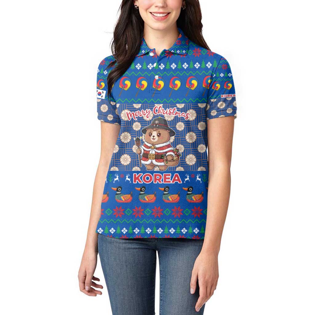 Korea Christmas Women Polo Shirt with Bear in Hanbok National Emblem and Traditional Boat Pattern Design - Wonder Print Shop