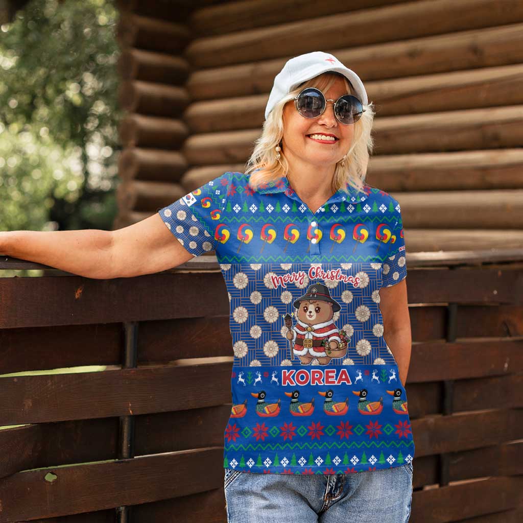 Korea Christmas Women Polo Shirt with Bear in Hanbok National Emblem and Traditional Boat Pattern Design - Wonder Print Shop