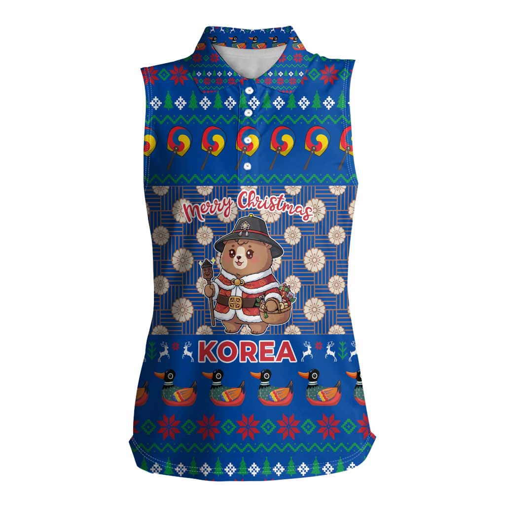Korea Christmas Women Sleeveless Polo Shirt with Bear in Hanbok National Emblem and Traditional Boat Pattern Design - Wonder Print Shop