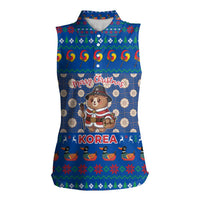 Korea Christmas Women Sleeveless Polo Shirt with Bear in Hanbok National Emblem and Traditional Boat Pattern Design - Wonder Print Shop