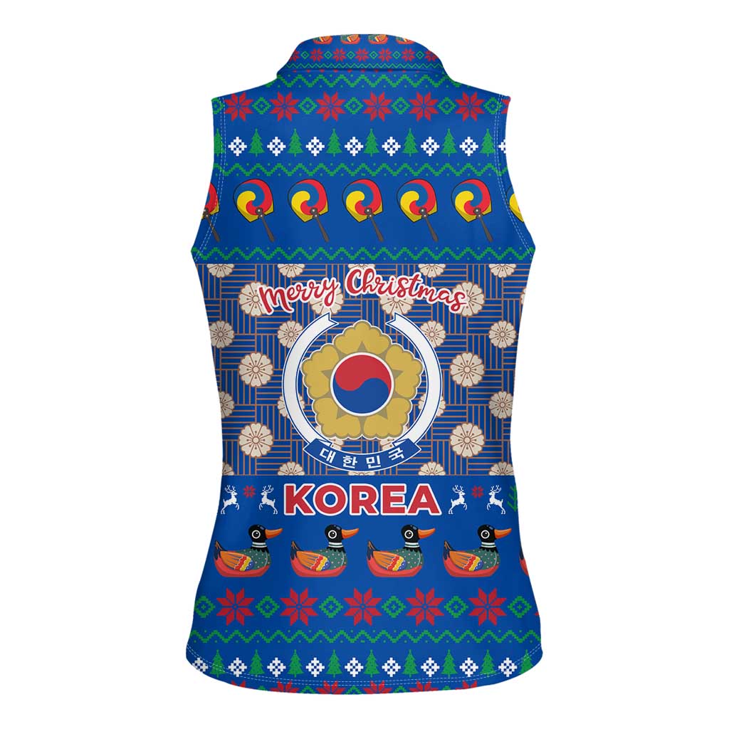 Korea Christmas Women Sleeveless Polo Shirt with Bear in Hanbok National Emblem and Traditional Boat Pattern Design - Wonder Print Shop