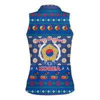 Korea Christmas Women Sleeveless Polo Shirt with Bear in Hanbok National Emblem and Traditional Boat Pattern Design - Wonder Print Shop