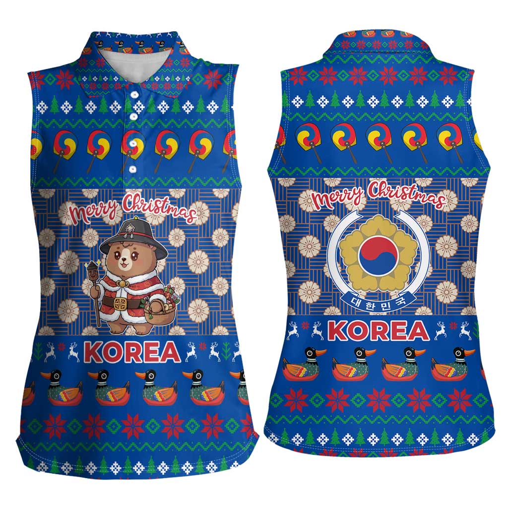 Korea Christmas Women Sleeveless Polo Shirt with Bear in Hanbok National Emblem and Traditional Boat Pattern Design - Wonder Print Shop
