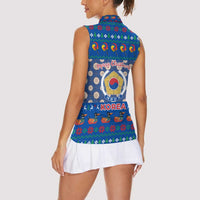 Korea Christmas Women Sleeveless Polo Shirt with Bear in Hanbok National Emblem and Traditional Boat Pattern Design - Wonder Print Shop