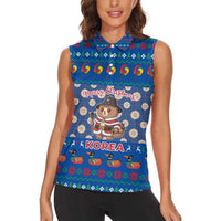 Korea Christmas Women Sleeveless Polo Shirt with Bear in Hanbok National Emblem and Traditional Boat Pattern Design - Wonder Print Shop