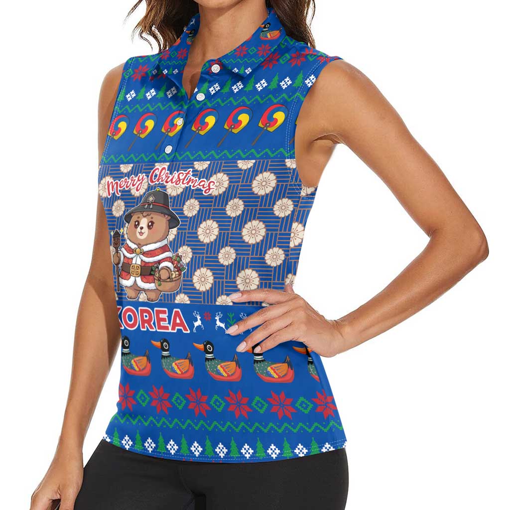 Korea Christmas Women Sleeveless Polo Shirt with Bear in Hanbok National Emblem and Traditional Boat Pattern Design - Wonder Print Shop