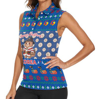 Korea Christmas Women Sleeveless Polo Shirt with Bear in Hanbok National Emblem and Traditional Boat Pattern Design - Wonder Print Shop