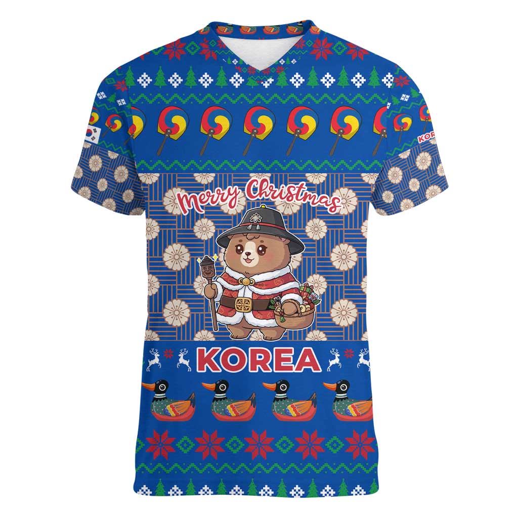 Korea Christmas Women V-Neck T-Shirt with Bear in Hanbok National Emblem and Traditional Boat Pattern Design - Wonder Print Shop