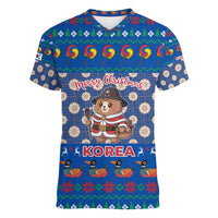 Korea Christmas Women V-Neck T-Shirt with Bear in Hanbok National Emblem and Traditional Boat Pattern Design - Wonder Print Shop