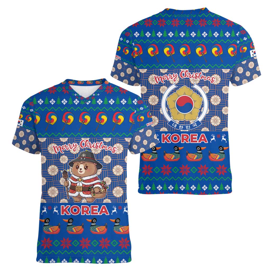 Korea Christmas Women V-Neck T-Shirt with Bear in Hanbok National Emblem and Traditional Boat Pattern Design - Wonder Print Shop