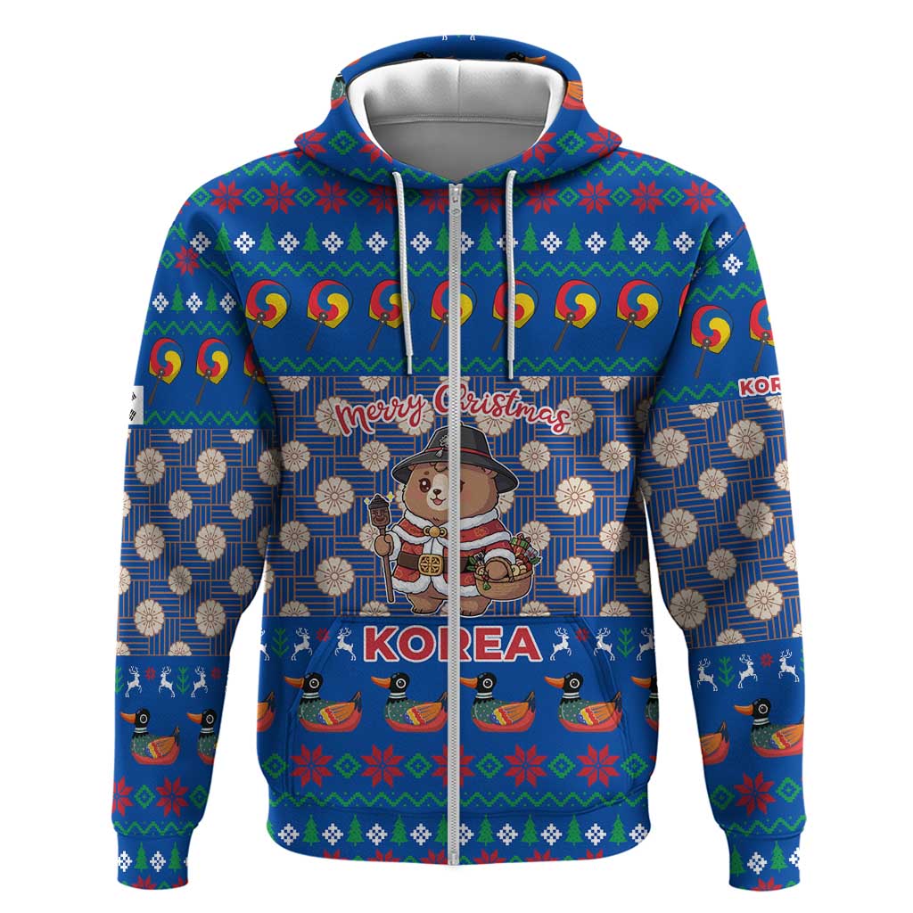 Korea Christmas Zip Hoodie with Bear in Hanbok National Emblem and Traditional Boat Pattern Design - Wonder Print Shop