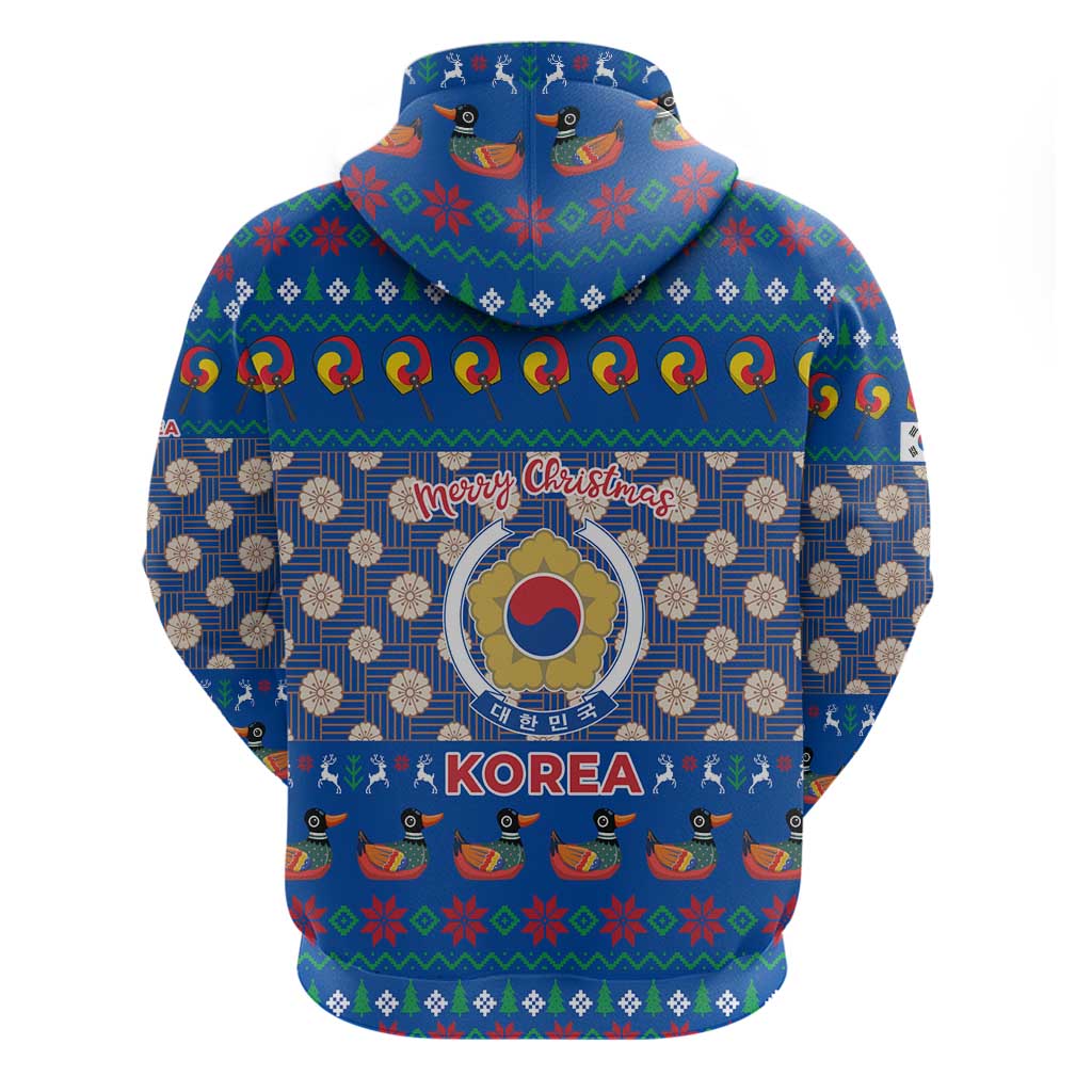 Korea Christmas Zip Hoodie with Bear in Hanbok National Emblem and Traditional Boat Pattern Design - Wonder Print Shop