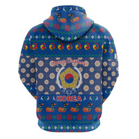 Korea Christmas Zip Hoodie with Bear in Hanbok National Emblem and Traditional Boat Pattern Design - Wonder Print Shop