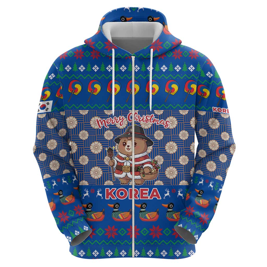 Korea Christmas Zip Hoodie with Bear in Hanbok National Emblem and Traditional Boat Pattern Design - Wonder Print Shop